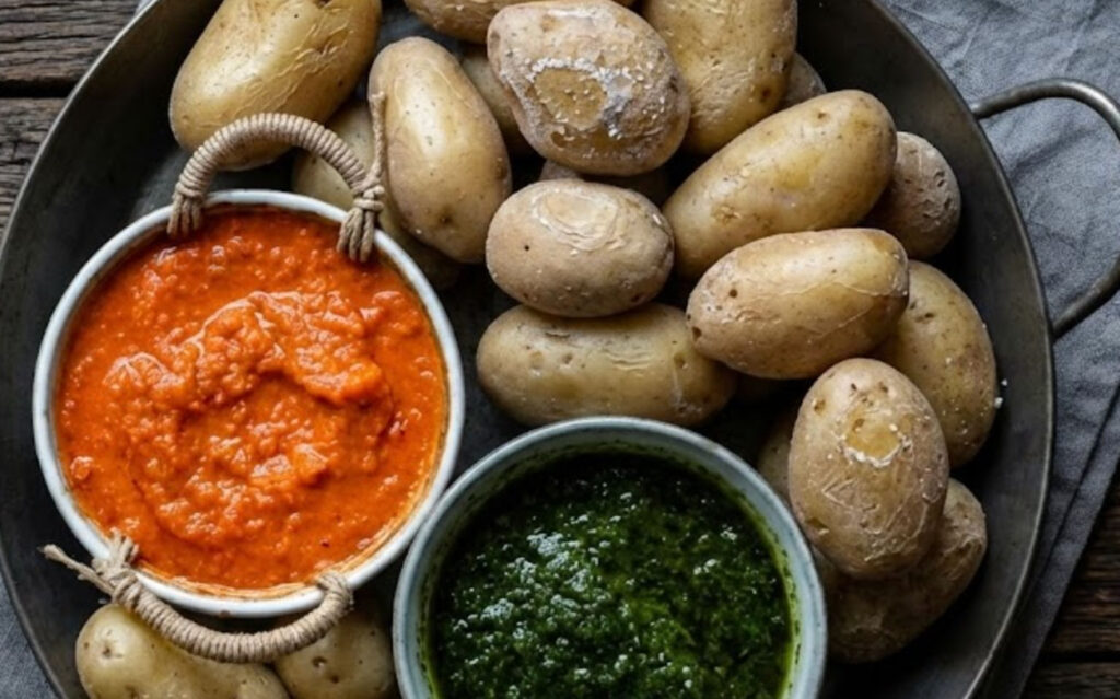 Rustic metal platter serving Papas Arrugadas (Canarian wrinkled potatoes) with bowls of red mojo picón and green cilantro mojo sauce.