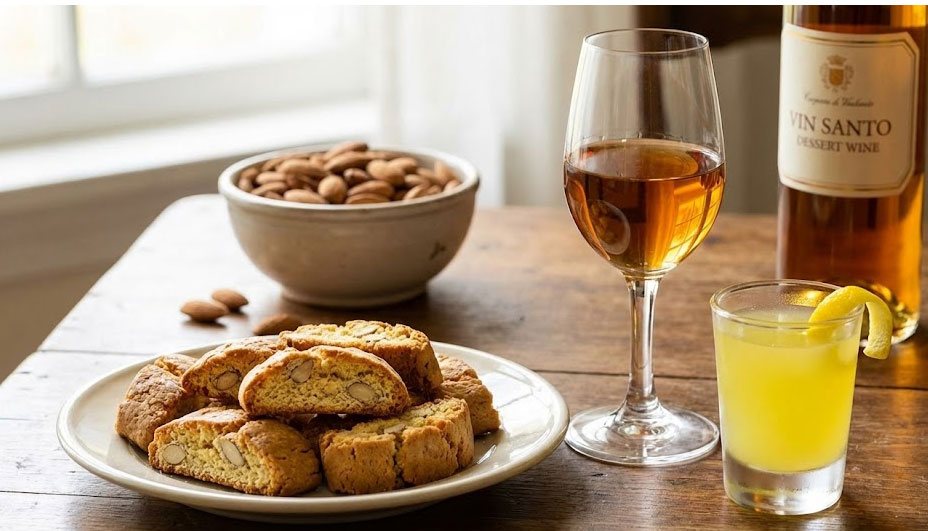 Plate of almond cantucci biscuits paired with a glass of amber Vin Santo dessert wine and a glass of chilled Limoncello on a wooden table