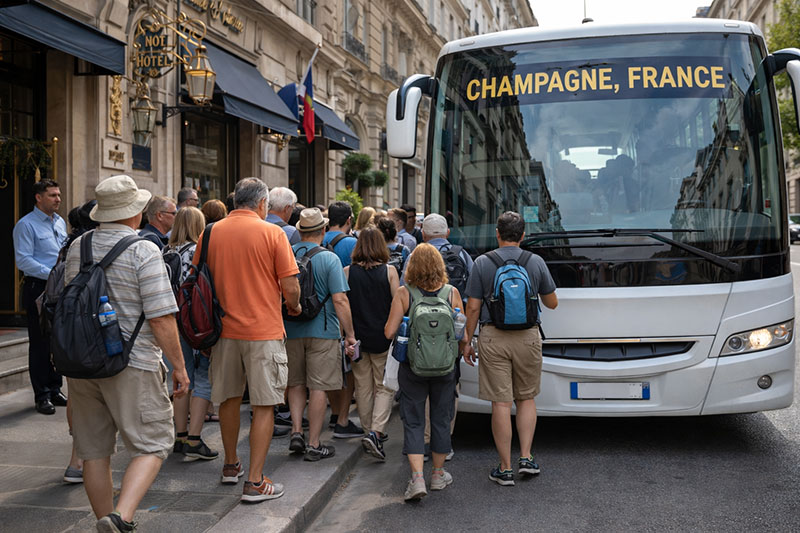 Tourists lining up to board a Champagne day tour bus outside a Paris hotel, wearing comfortable shoes and carrying small day packs.