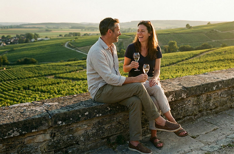 A couple enjoying a relaxing glass of champagne at sunset on a terrace overlooking the vineyards near Épernay.