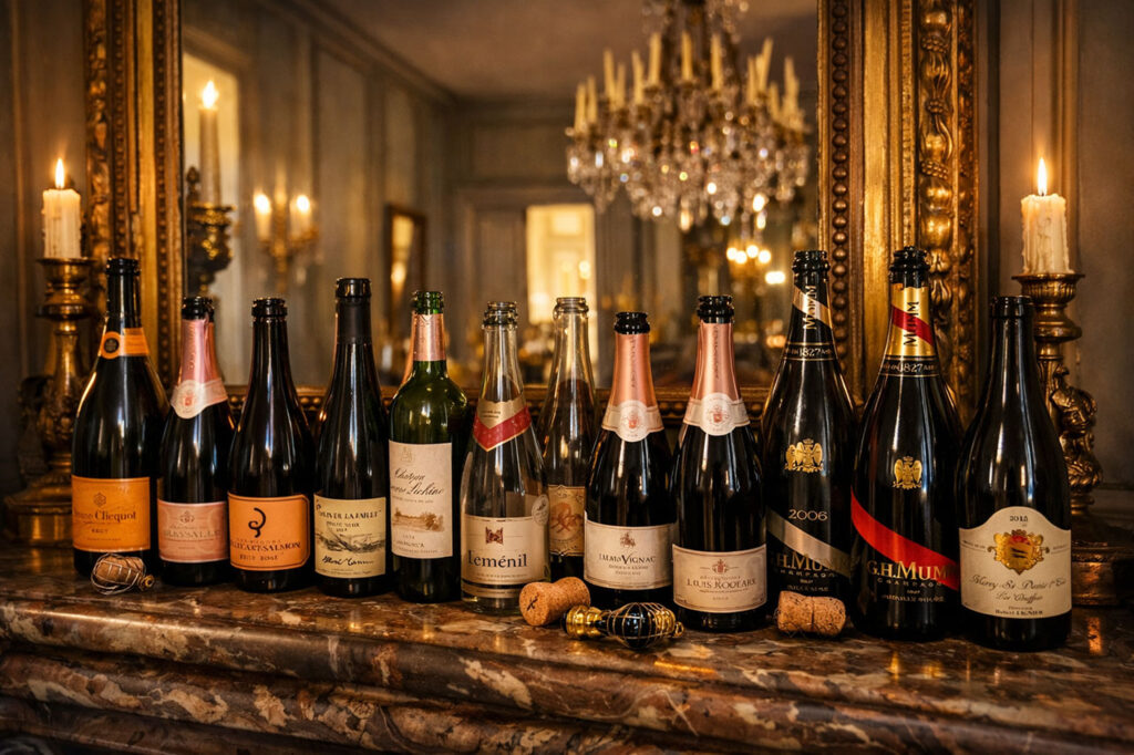 Empty Champagne bottles from house tours and a local wine shop lined up on the fireplace mantel at The Château de Mairy in the Champagne region of France.