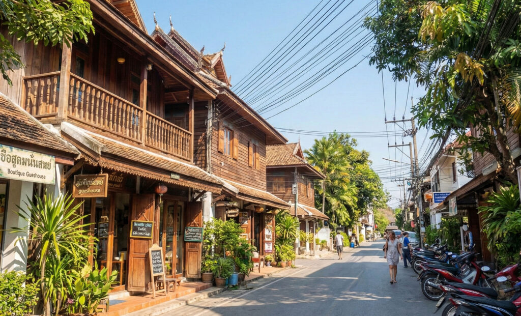 A sunny, peaceful street in Chiang Mai's Old City featuring traditional wooden Lanna-style architecture, lush potted plants, and motorbikes parked outside boutique guesthouses.
