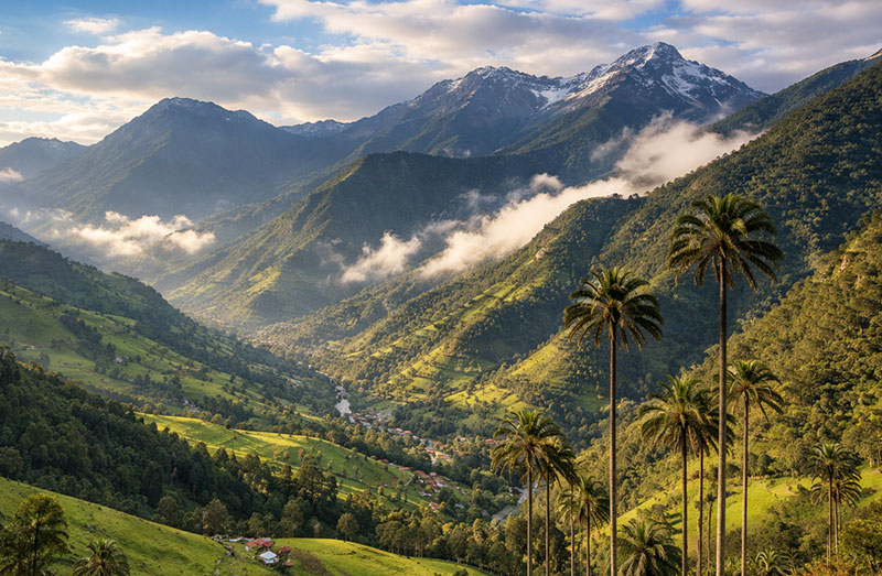 Colombian Andes landscape with misty mountain peaks, a green valley, and tall wax palms at golden hour.