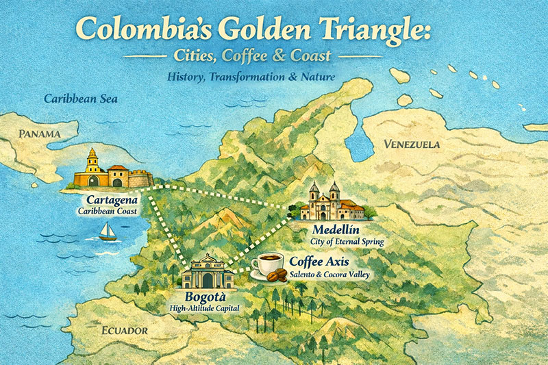 An illustrated travel map of Colombia's Golden Triangle highlighting Cartagena, Medellín, Bogotá, and the Coffee Axis with representative icons.