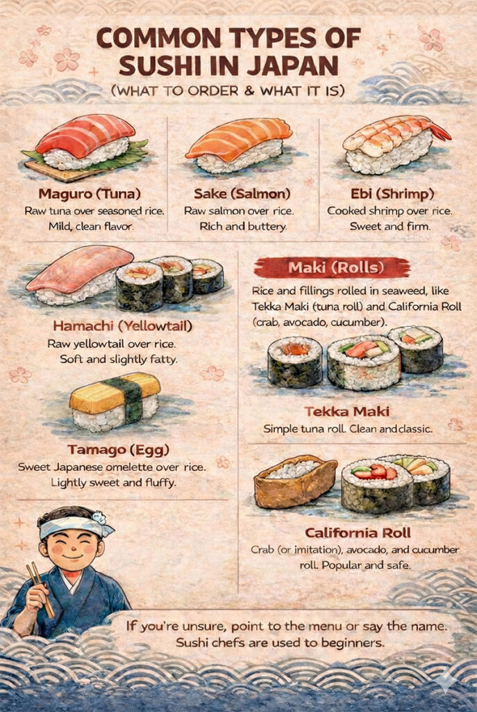 An illustrated cheat sheet titled "Common Types of Sushi in Japan" displaying popular options like Maguro (Tuna), Sake (Salmon), Ebi (Shrimp), Hamachi (Yellowtail), and Tamago (Egg), plus a guide to Maki rolls.