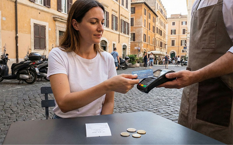 Close-up of a woman using a contactless credit card to pay at an outdoor Roman restaurant table, with a paper receipt weighted down by Euro coins to illustrate tipping etiquette.