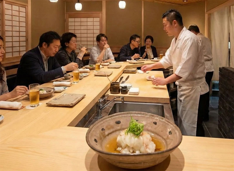 A ceramic bowl containing a cooked white fish soup dish sits in the foreground on a light wood counter. In the background, a chef in white serves several customers seated along the busy counter in a warmly lit Japanese restaurant featuring a woven bamboo ceiling.