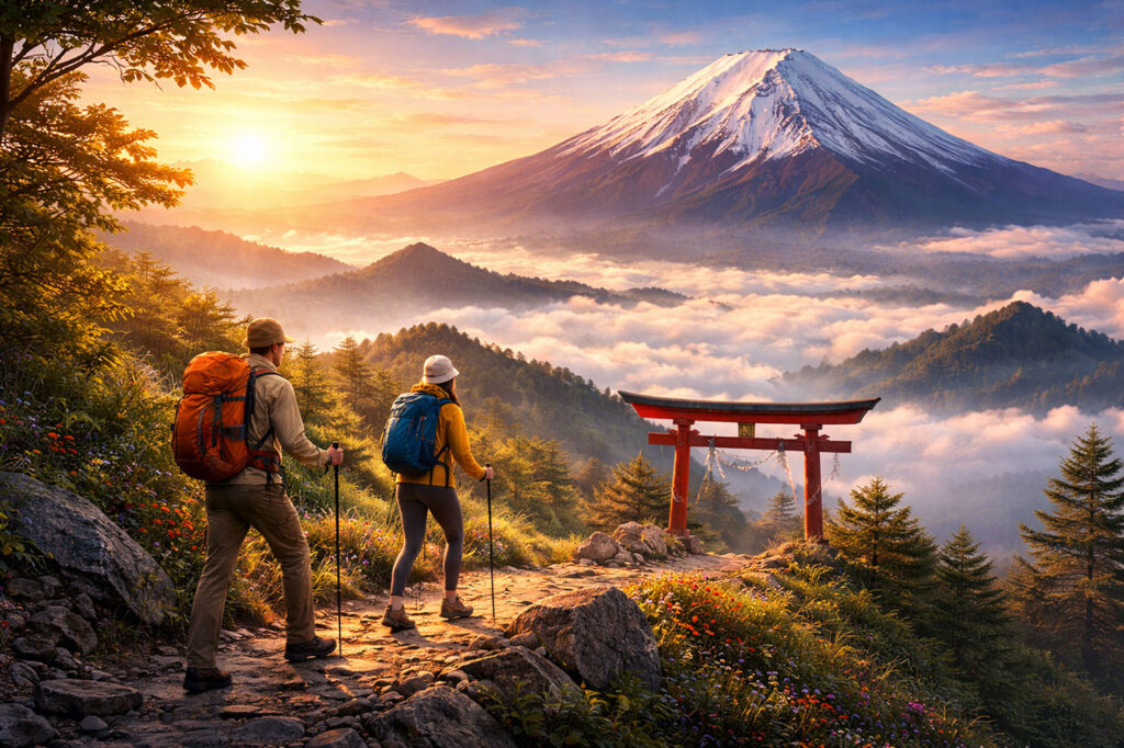 Illustration of two hikers with backpacks on a trail looking out at a red Torii gate and Mount Fuji at sunrise, representing the excitement of choosing a new travel adventure.