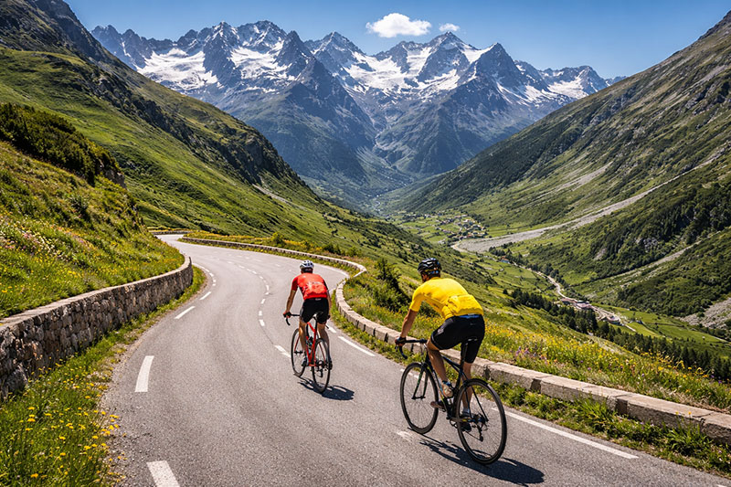Cyclists riding uphill on a winding Tour de France mountain route in the French Alps with dramatic alpine scenery.