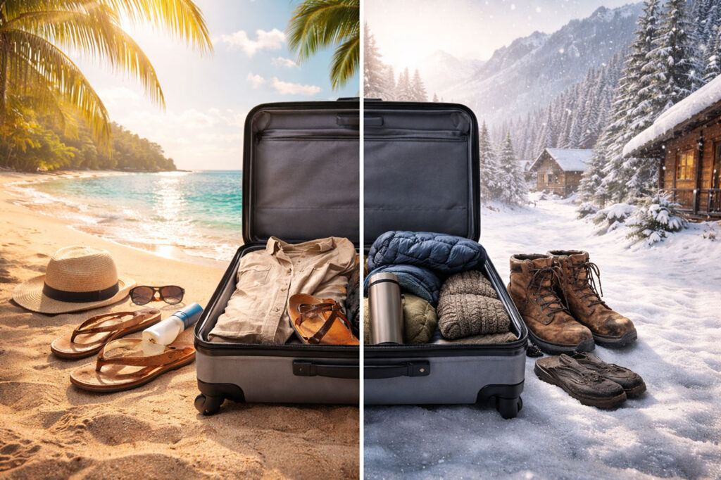 A dual-climate split-screen illustration of an open carry-on suitcase. The left side shows a sunny beach with summer clothes, sandals, and a sun hat; the right side shows a snowy mountain cabin with a winter jacket, boots, and a thermos