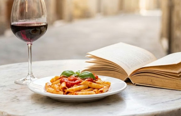 A single table setting at an Italian restaurant with pasta, wine, and a book.