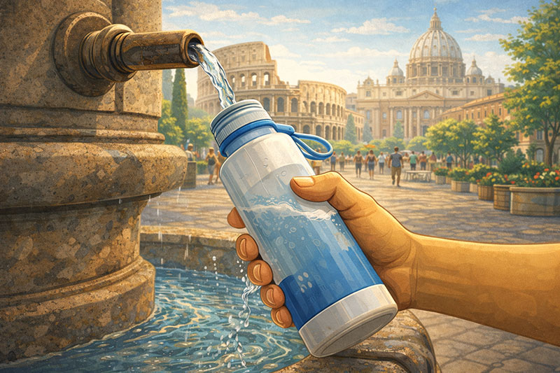 A vibrant digital illustration of a traveler filling a reusable water bottle from a historic 'nasone' fountain in Rome. The background features a sun-drenched view of the Colosseum and St. Peter’s Basilica, emphasizing sustainable travel and the city's ancient water heritage