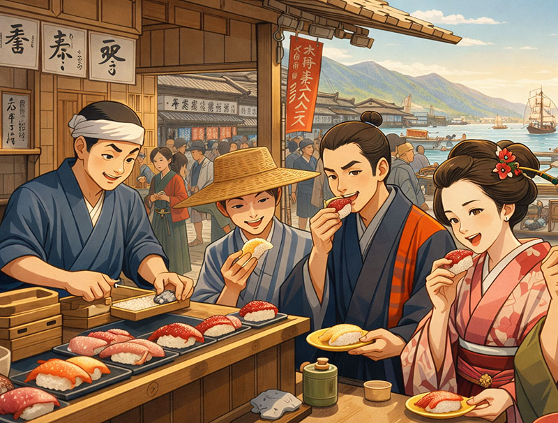 Illustration of people in traditional Edo-period clothing eating handheld edomae-zushi at a bustling street stall by the harbor in old Tokyo.