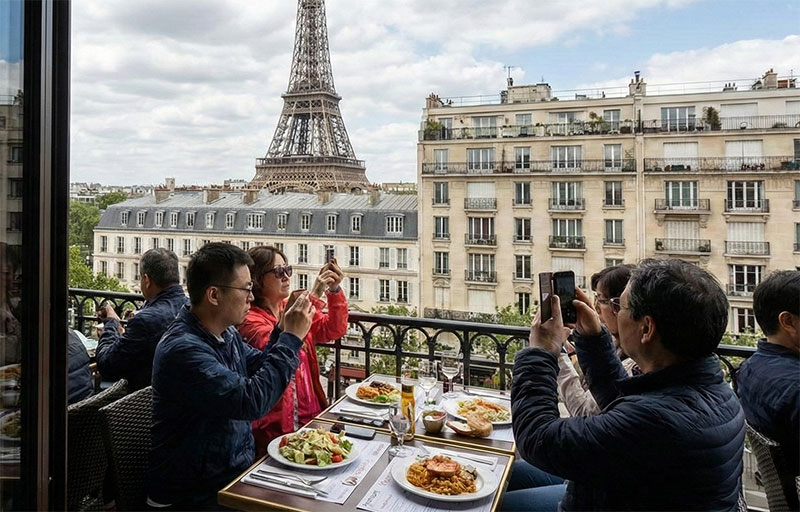 A view of the Eiffel Tower from a balcony, illustrating that restaurants with perfect monument views often charge higher prices.