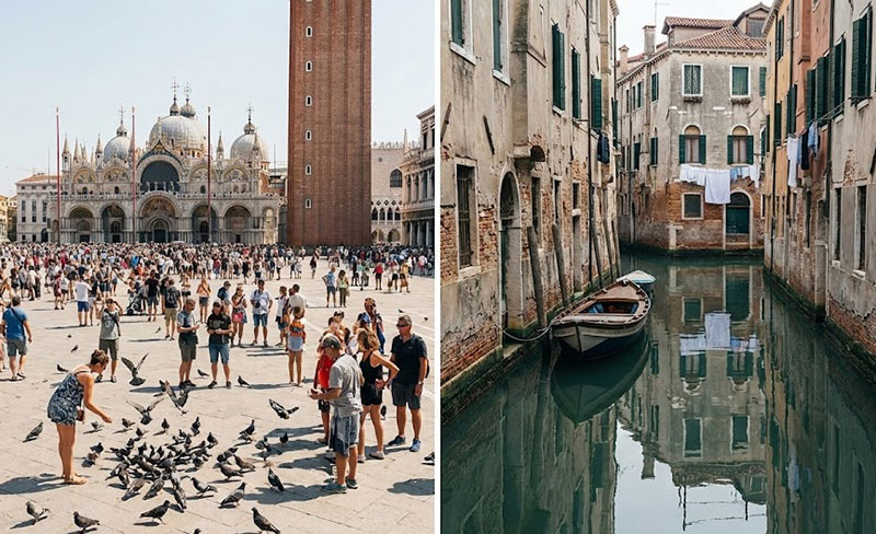 The crowded St. Mark's Square in Venice versus a peaceful, empty canal in the Cannaregio district.