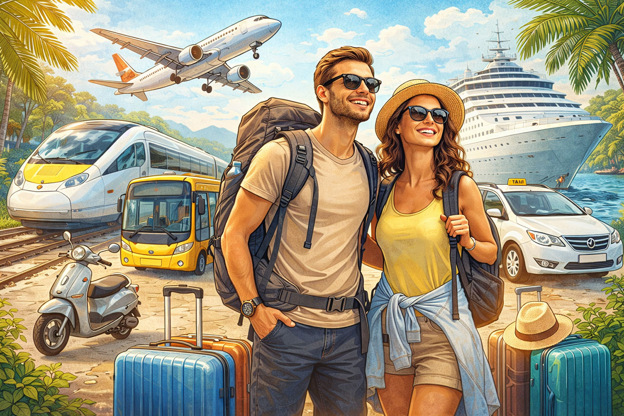 Vibrant guide-style illustration of a happy couple with travel backpacks standing amidst various transport options including a high-speed train, airplane, cruise ship, bus, taxi, and scooter in a tropical setting.
