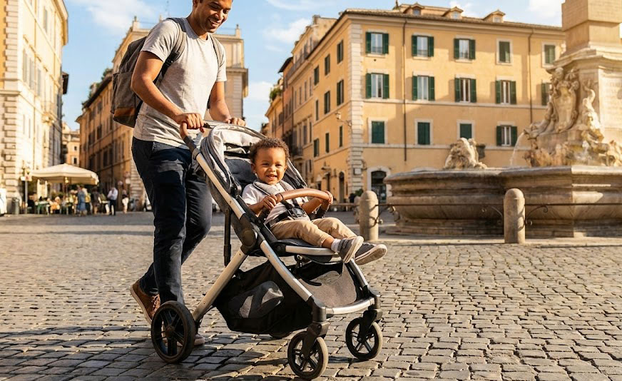 Happy father pushing a toddler in a sturdy travel stroller across cobblestones in front of the Pantheon in Rome.