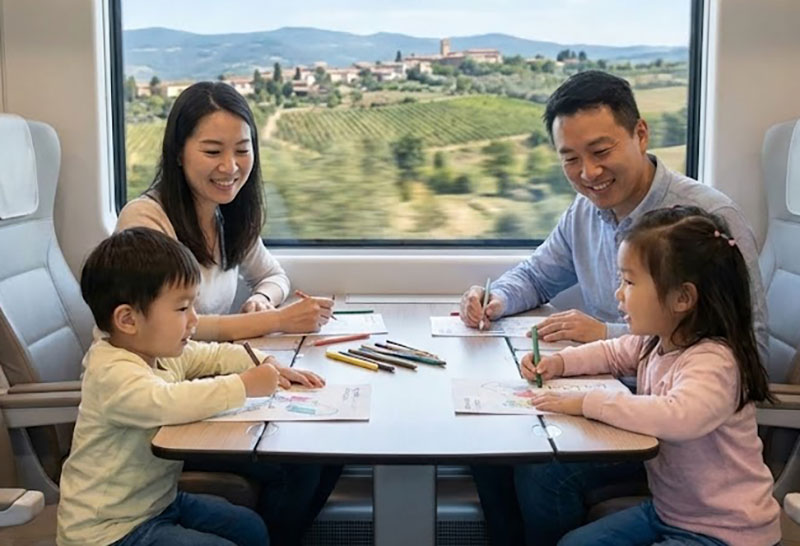 Family enjoying a high-speed train ride in Italy