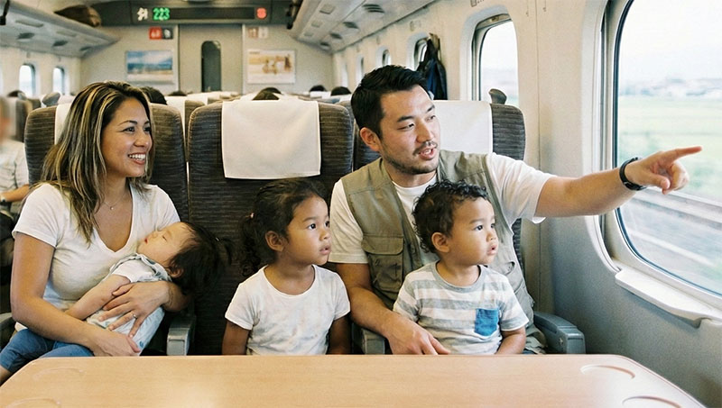 A mixed-race family with children sitting in reserved seating on a Shinkansen bullet train in Japan, pointing out the window at the passing countryside.