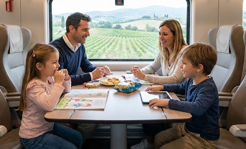 A happy family of four sitting together at a 4-seat table section on a modern Italian high-speed train, with scenic rolling hills visible through the large windo