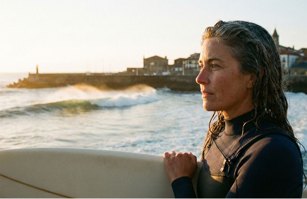 Female surfer in a wetsuit holding her surfboard and looking out at the sunrise waves in Mundaka, Basque Country.