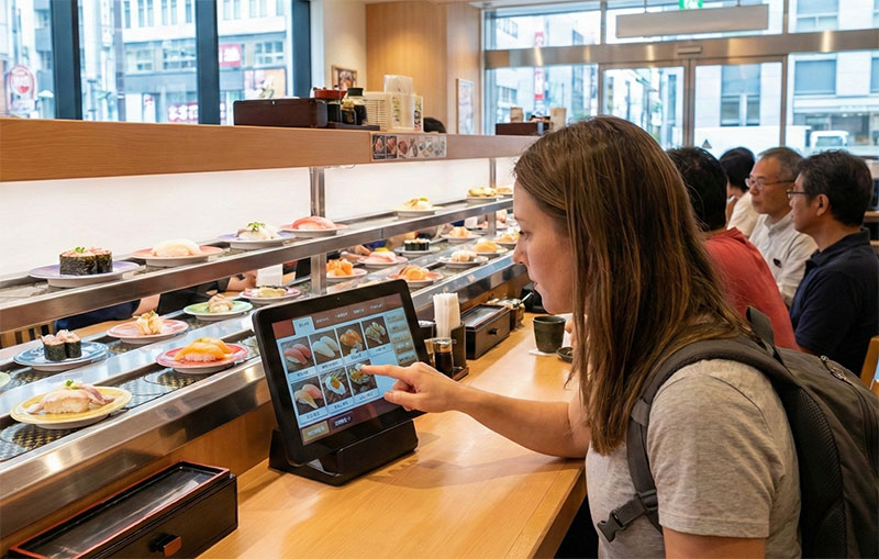 A female traveler sitting at a modern conveyor belt sushi restaurant in Japan, using a digital touchscreen to order food while plates of sushi glide by on the belt