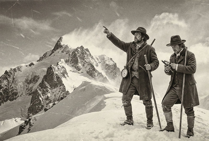 A dramatic black and white illustration of Jacques Balmat and Dr. Paccard climbing a snowy ridge on Mont Blanc in 18th-century clothing.