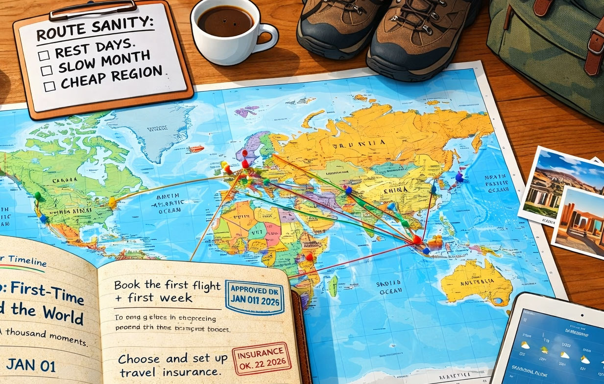llustrated top-down view of a traveler's desk featuring a world map with pins, a travel journal, hiking boots, a tablet, and a cup of coffee.