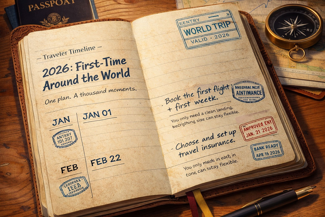 An open vintage leather-bound travel journal titled '2026: First-Time Around the World' featuring a timeline with planning notes and custom travel stamps.