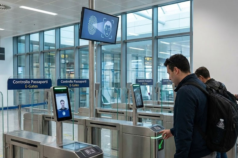 ravelers using automated biometric passport control gates at an Italian airport.