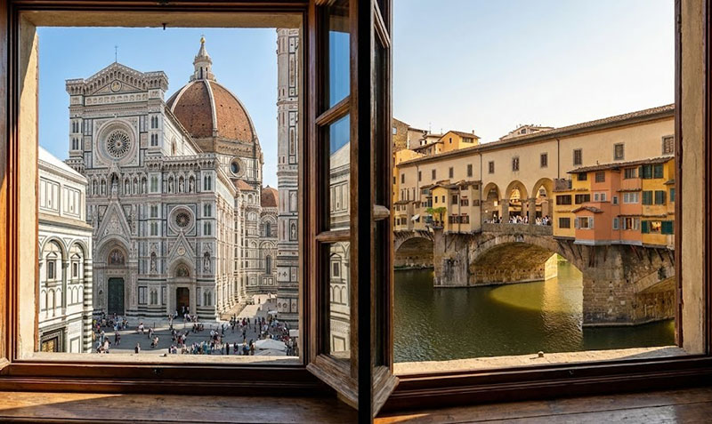 View of the Florence Duomo rising above rooftops contrasted with Ponte Vecchio view.