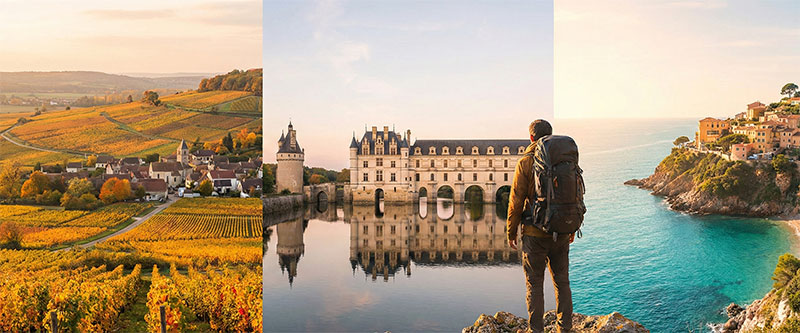 A traveler looks out over a diverse landscape of French vineyards, coastline, and a château.