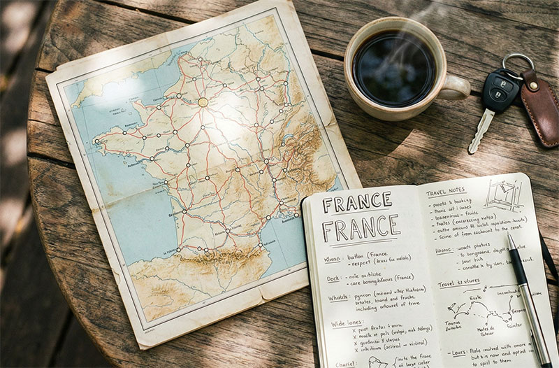 Planning a French road trip with a map and coffee on a cafe table.