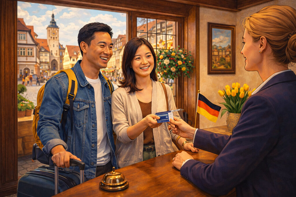 Vibrant guide-style illustration of a smiling Asian couple with backpacks handing a credit card to a receptionist at a traditional German hotel, with a scenic town square in the background
