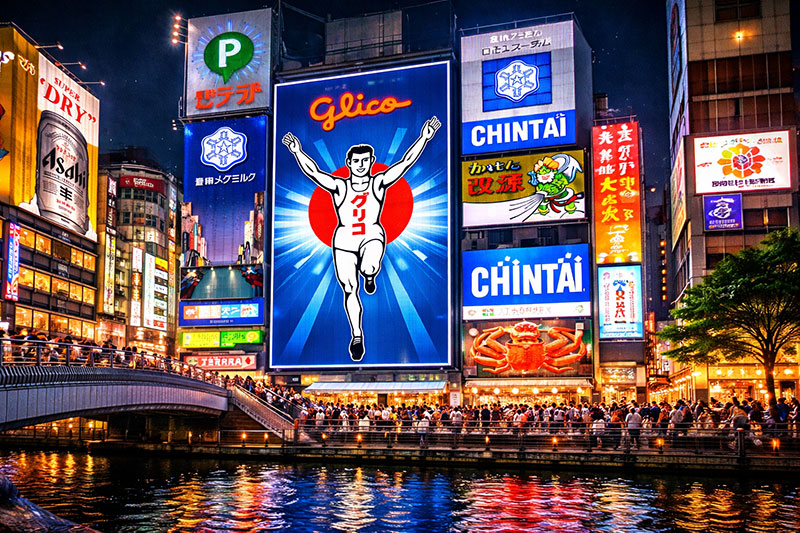 The Glico Man sign overlooking Dotonbori Canal in Osaka at night, with neon lights reflecting on the water and crowds along the riverwalk.