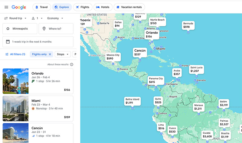 A screen capture of the Google Flights Explore map showing worldwide flight prices from a departure city, used to find the cheapest travel destinations.