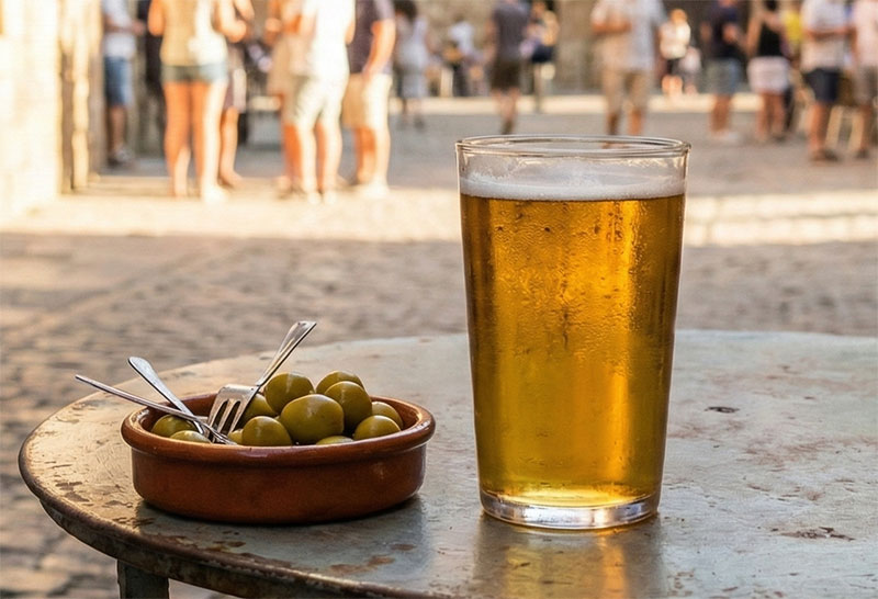 Green olives and beer in plaza in Spain