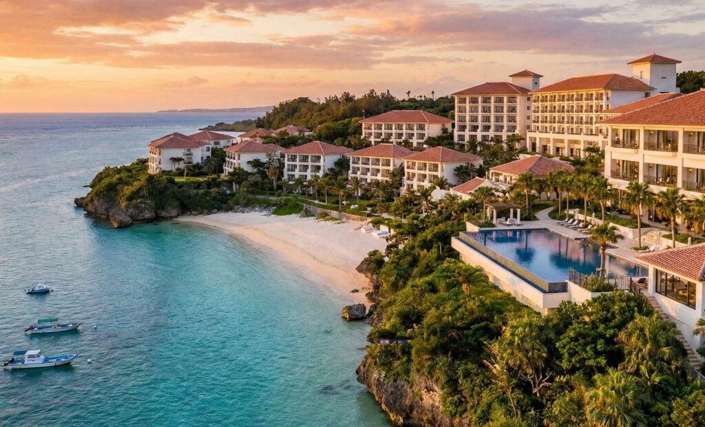 Scenic view of the Halekulani Okinawa luxury resort, featuring its signature orchid-mosaic swimming pool overlooking the turquoise East China Sea and white sand beach.