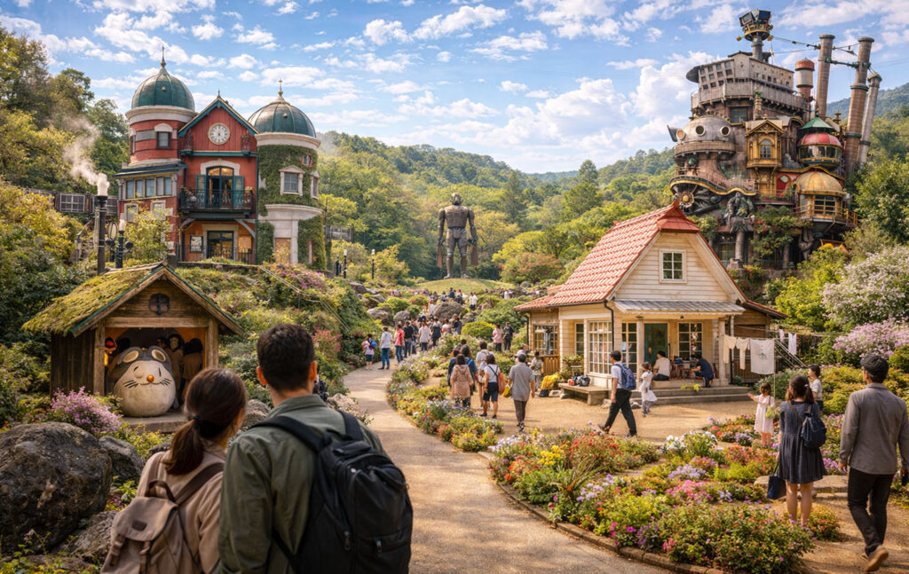 A vibrant, sunny landscape of Ghibli Park in Japan, featuring visitors walking through flower-lined paths with the massive Howl's Moving Castle on the right, a giant Robot Soldier in the distance, and a small Totoro shrine visible in the foreground.