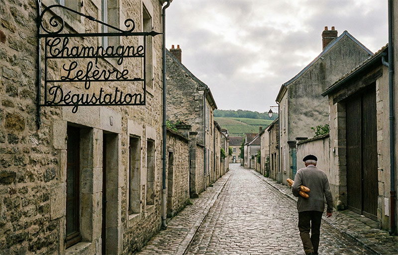 A quiet street in the village of Hautvillers showing a small, family-run Champagne tasting room sign.