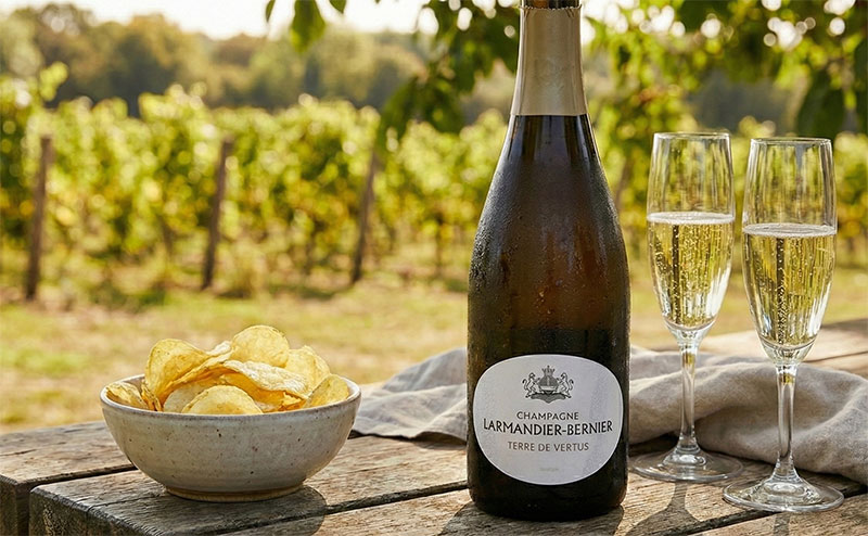 A casual apéro setting featuring a bottle of grower champagne paired with a simple bag of salted potato chips.