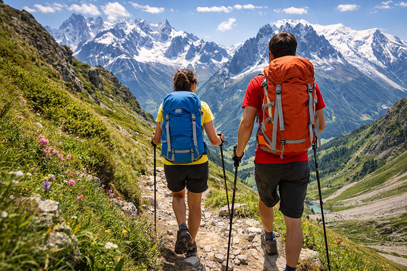 Hikers walking on a mountain trail in Mont Blanc Country in summer with alpine wildflowers, green valleys, and snow-capped peaks in the background.