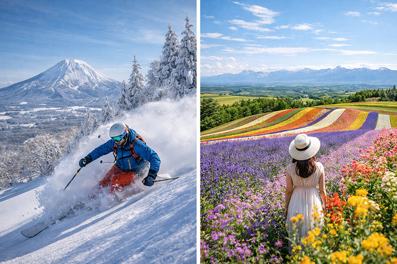split-screen comparison of Hokkaido, Japan: on the left, a skier carving through deep powder snow with Mount Yotei in the background; on the right, a woman in a white hat standing in a vibrant, multi-colored flower field in Furano during summer.
