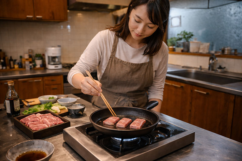 A woman in an apron using chopsticks to carefully sear slices of marbled Wagyu beef in a skillet in a home kitchen, with a tray of raw meat on the counter