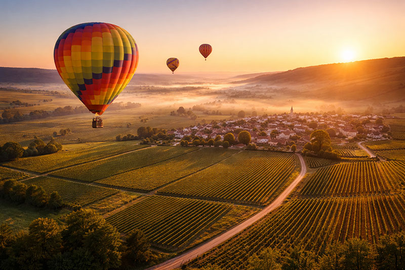 Hot air balloons drifting at sunrise over Burgundy vineyards with soft golden light, misty countryside, and a small village below.
