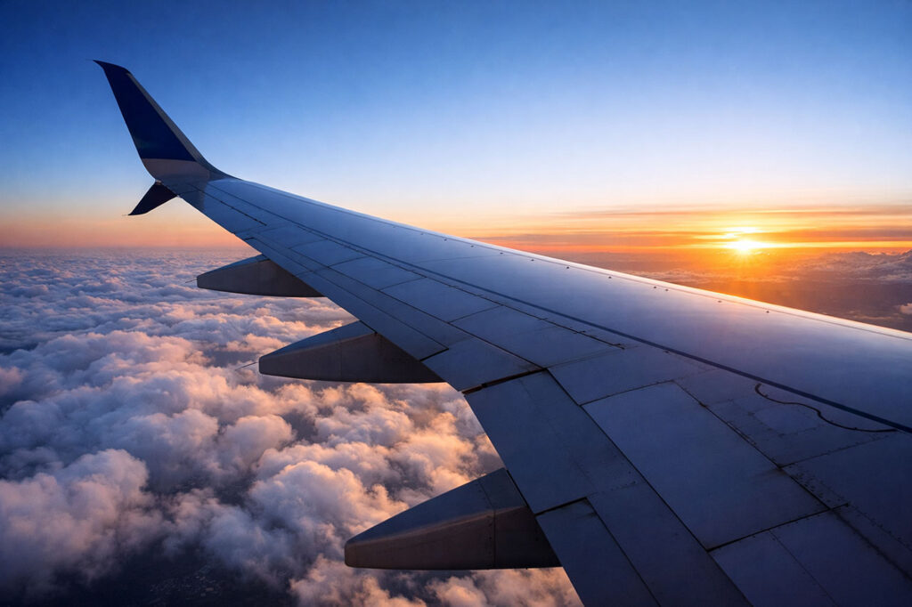 View from an airplane window showing the wing soaring over a thick blanket of clouds during a golden sunset, perfect for a long-haul flight guide.