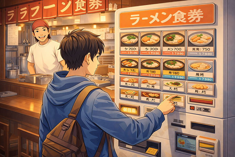 Anime-style illustration of a traveler ordering ramen at a Japanese ticket vending machine inside a traditional ramen shop.