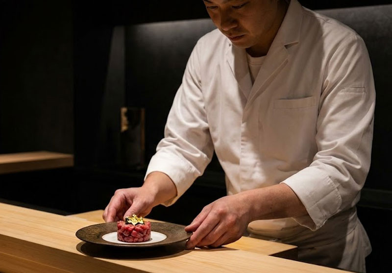A master chef in a white uniform carefully presenting a small plate of Wagyu beef tartare topped with gold leaf on a smooth wooden counter in a dimly lit, high-end restaurant.