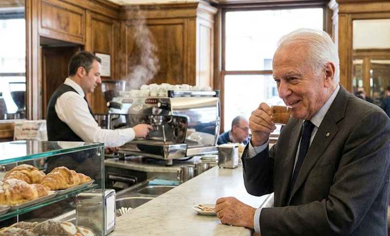 An older Italian man drinking espresso standing at a marble bar counter.