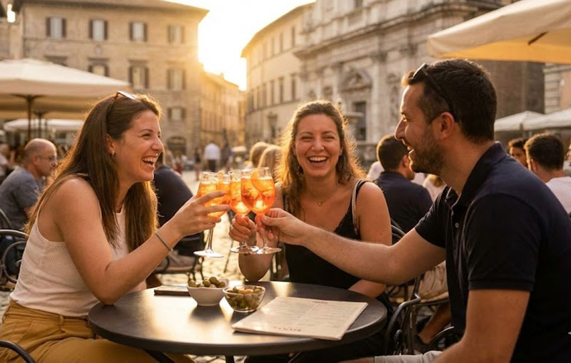 Friends drinking in Italy for Aperitivo spritz hour at sunset.
